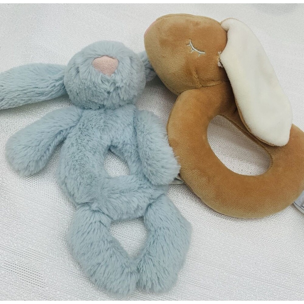 Jellycat Blue Bashful Bunny & Mary Meyer Leika Rabbit Plush  Baby Ring Rattle Pr